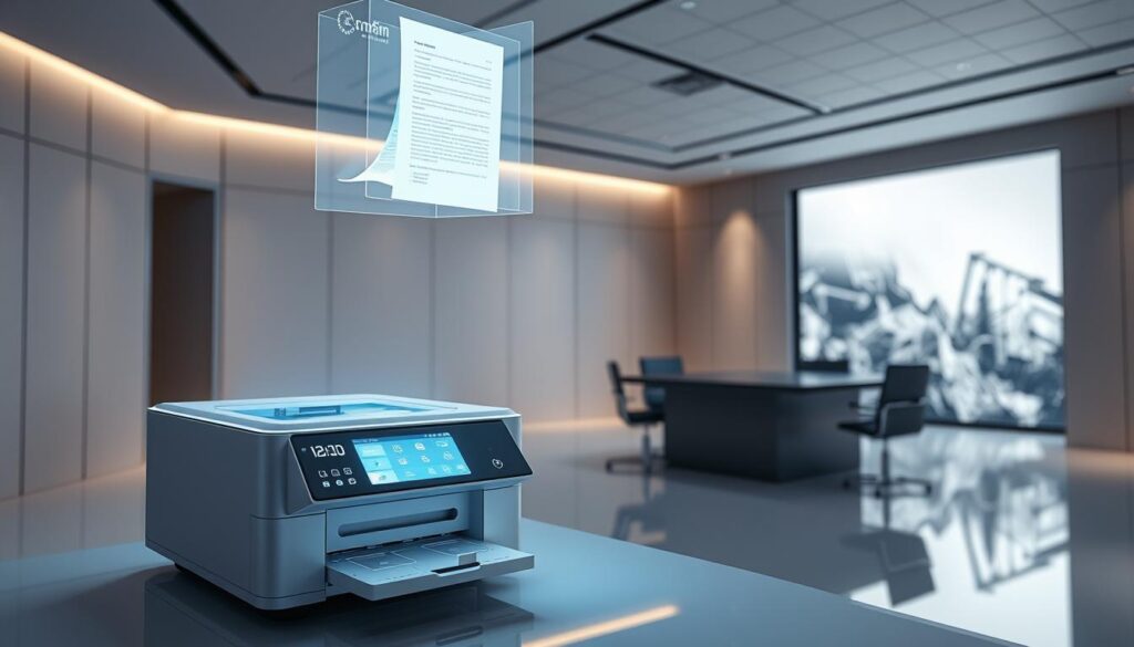A pristine, ultra-modern office setting, bathed in the soft glow of indirect lighting. In the foreground, a sleek, minimalist printer hovers silently, its touch panel interface glowing with holographic menus. Floating above it, a shimmering 3D projection displays a document being printed, the pages materializing from thin air. In the middle ground, an executive desk commands attention, its surface a seamless expanse of tempered glass. Behind it, the far wall is adorned with a towering, interactive display that blends digital and physical elements. The atmosphere exudes a sense of technological sophistication, where the future of printing technology blends seamlessly with the needs of the modern law firm.
