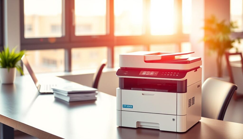 A well-lit, modern office setting with a desk, chair, and printer. On the desk, a laptop and stack of documents, conveying a productive workspace. In the foreground, an energy-efficient, compact multifunction printer with sleek, minimalist design. Warm, natural lighting filters through large windows, creating a bright, inviting atmosphere. The printer is the focal point, showcasing its efficiency and cost-effectiveness. The overall scene depicts a practical, cost-conscious printing solution for a hybrid work environment.