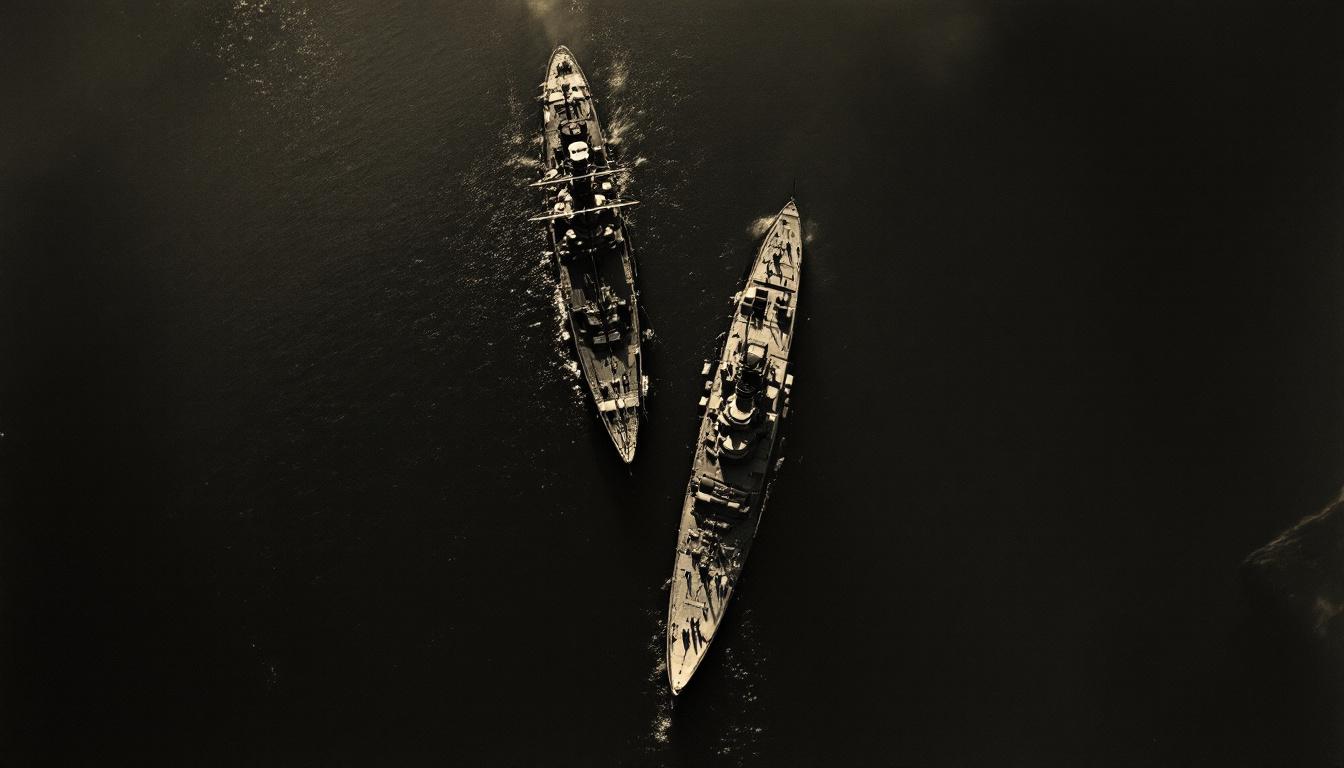 HMS Cossack alongside Altmark in a narrow Norwegian fjord, night