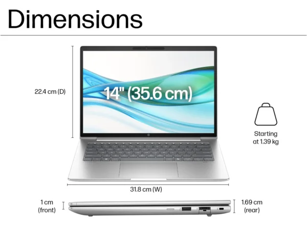 Dimensions of HP ProBook 440 G11 14” Business Laptop – Core™ Ultra 5